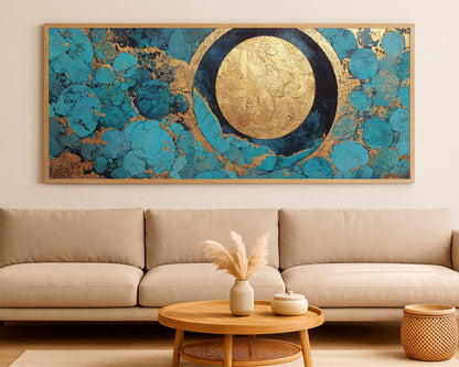 Large geometric panorama decor with luminous gold details, rounded abstract motifs, and rich jewel-toned contrast