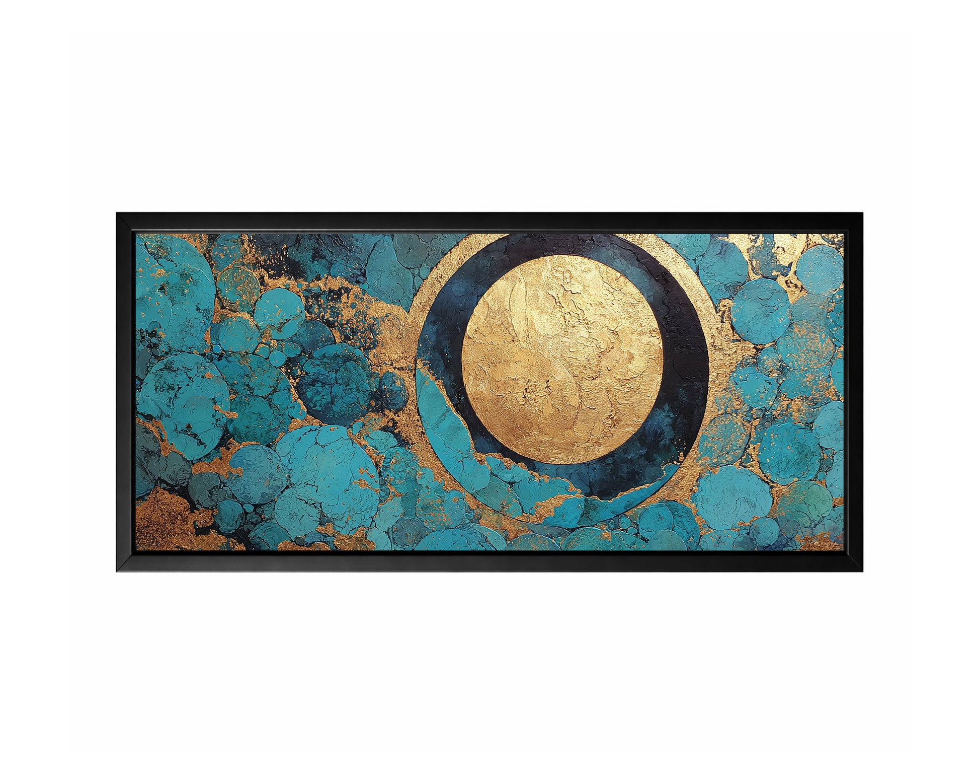 Blue gold geometric panorama wall art with a large central gold circle surrounded by turquoise and deep blue abstract forms