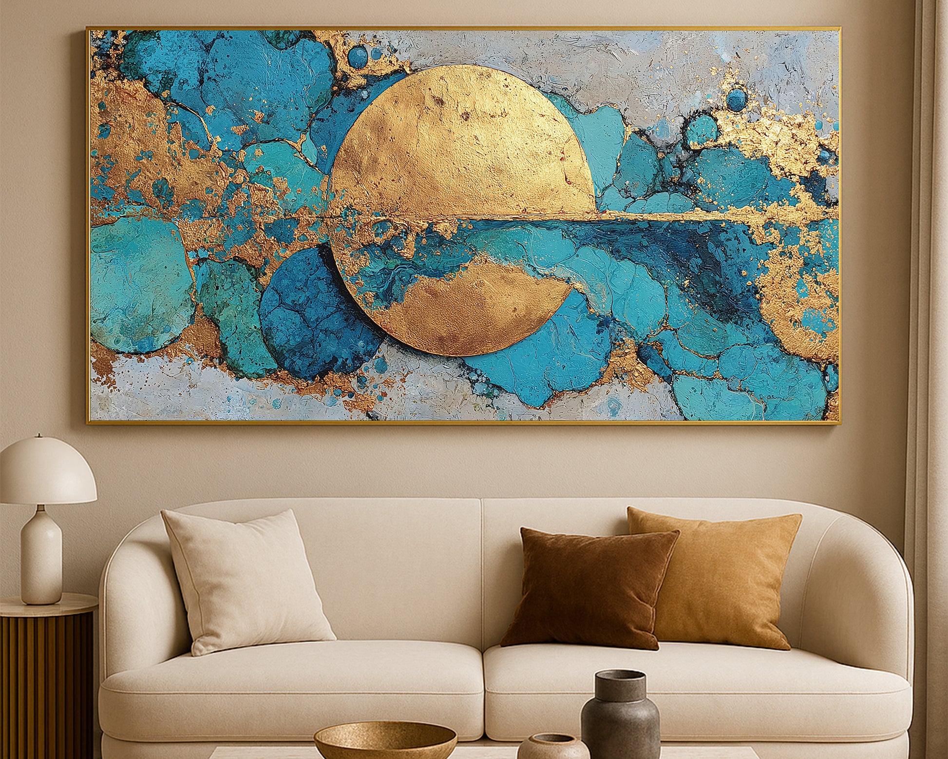 Contemporary abstract artwork featuring turquoise, teal, and metallic-style gold organic forms in a wide horizontal composition