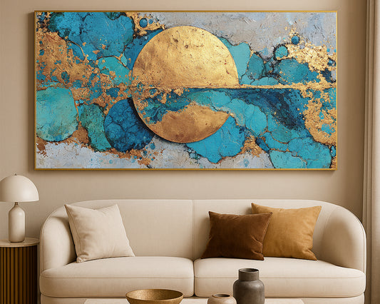Contemporary abstract artwork featuring turquoise, teal, and metallic-style gold organic forms in a wide horizontal composition