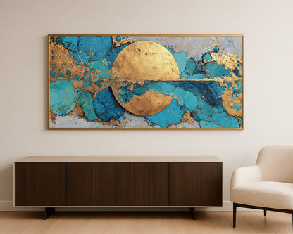 Modern panoramic wall art print with a luminous gold sun motif surrounded by layered blue and turquoise textures