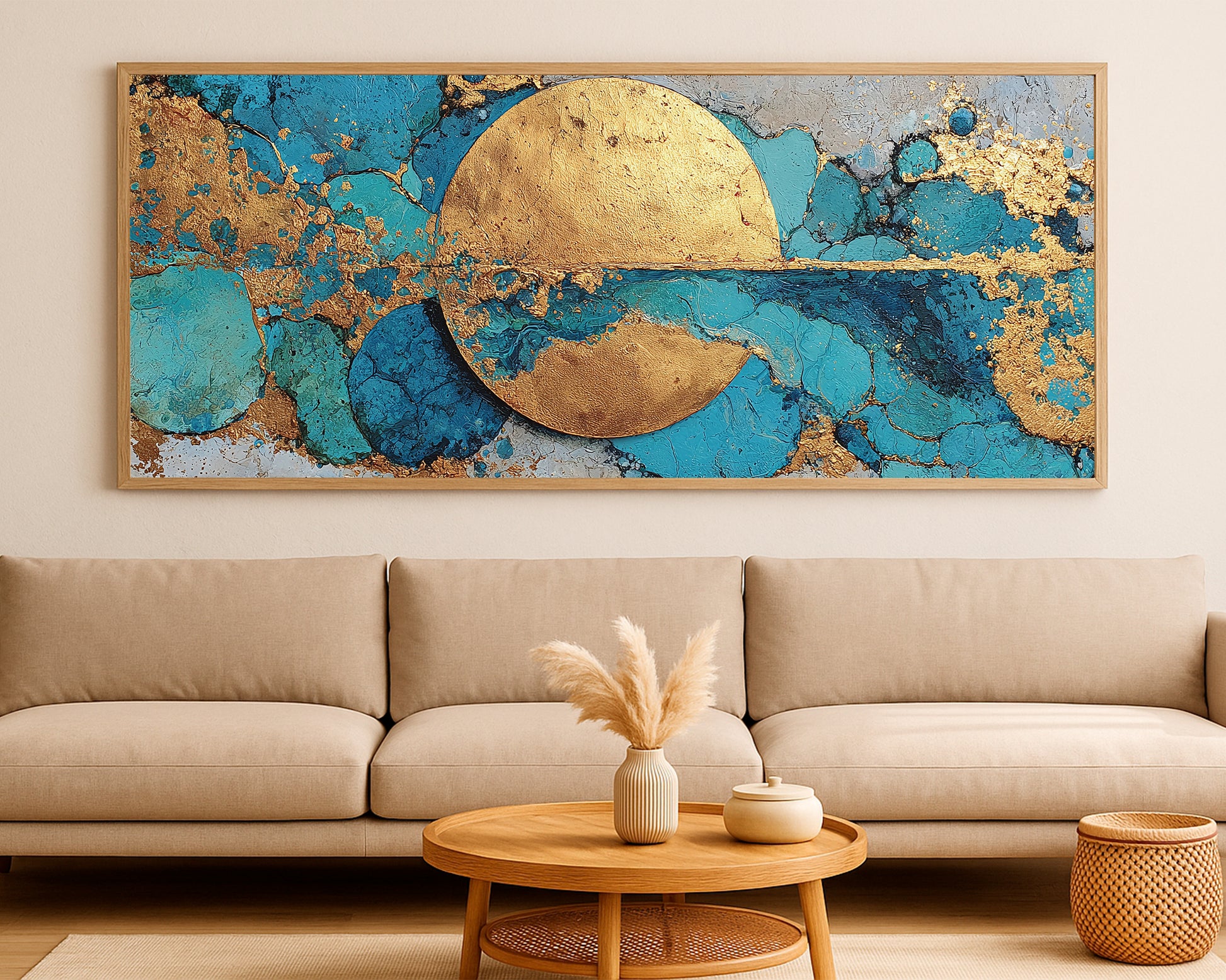 Large abstract panorama decor with bold gold accents, fluid circular forms, and rich jewel-toned contrast