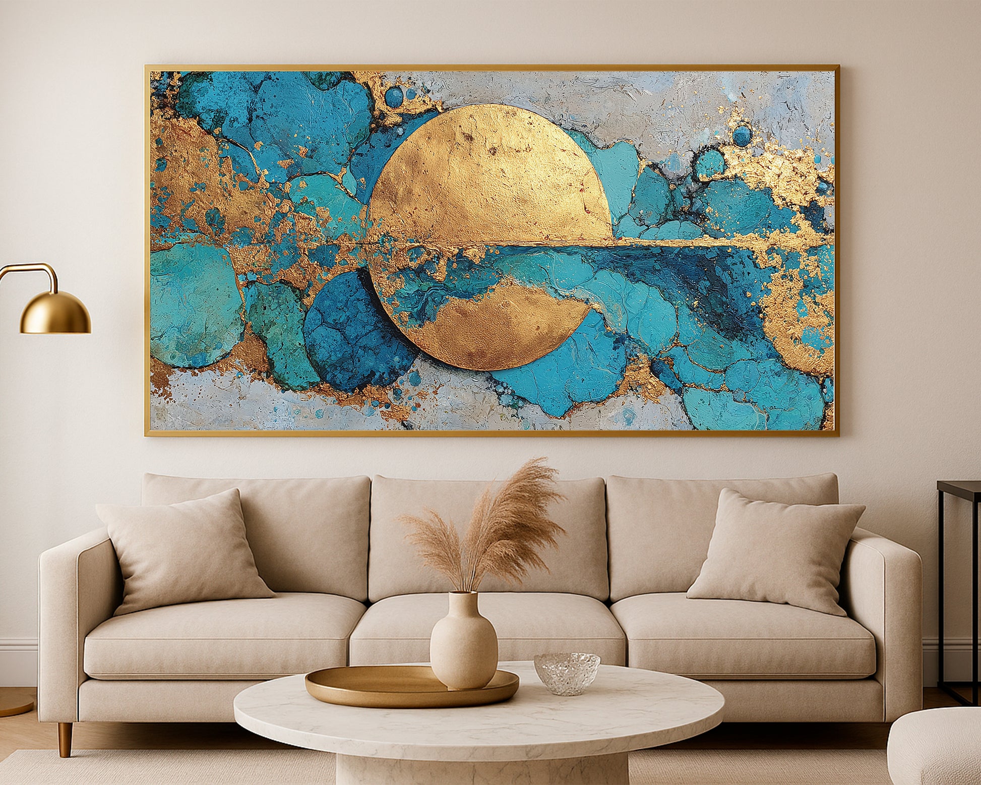 Panoramic abstract wall art with a central golden disc, textured turquoise shapes, and elegant modern composition