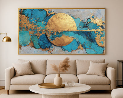 Panoramic abstract wall art with a central golden disc, textured turquoise shapes, and elegant modern composition