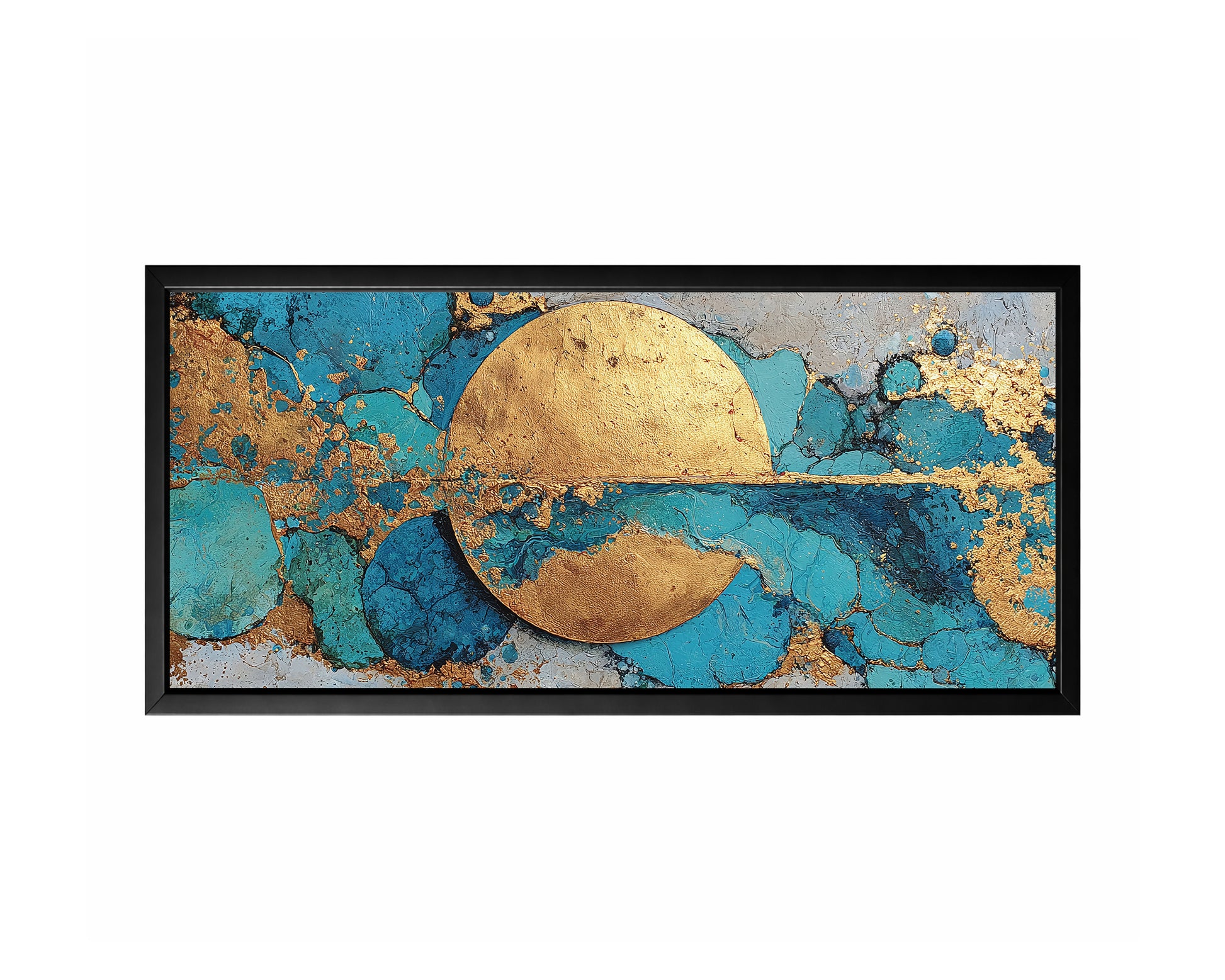 Blue gold abstract sun panorama wall art with a large central gold circle crossed by a deep blue horizontal band