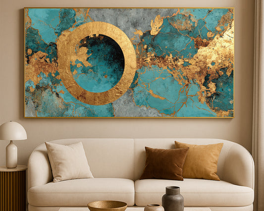 Contemporary abstract artwork featuring turquoise, teal, gray, and metallic-style gold marbled textures in a wide horizontal composition