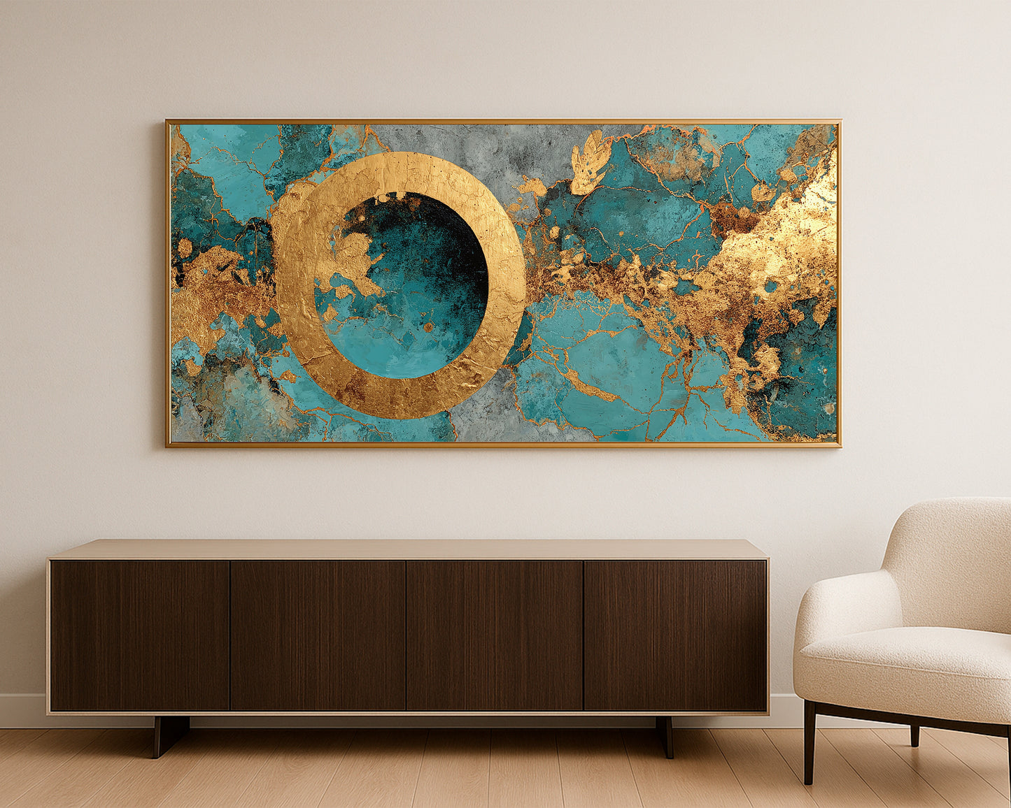Modern panoramic wall art print with a strong circular focal point surrounded by layered blue and gold abstract pattern