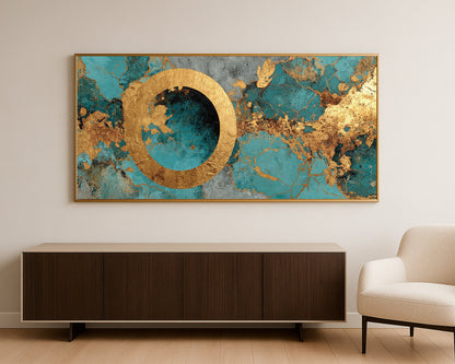 Modern panoramic wall art print with a strong circular focal point surrounded by layered blue and gold abstract pattern