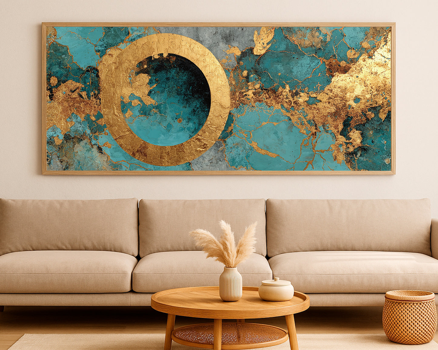 Large abstract panorama decor with luminous gold accents, flowing turquoise textures, and refined modern contrast