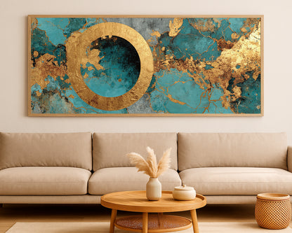 Large abstract panorama decor with luminous gold accents, flowing turquoise textures, and refined modern contrast