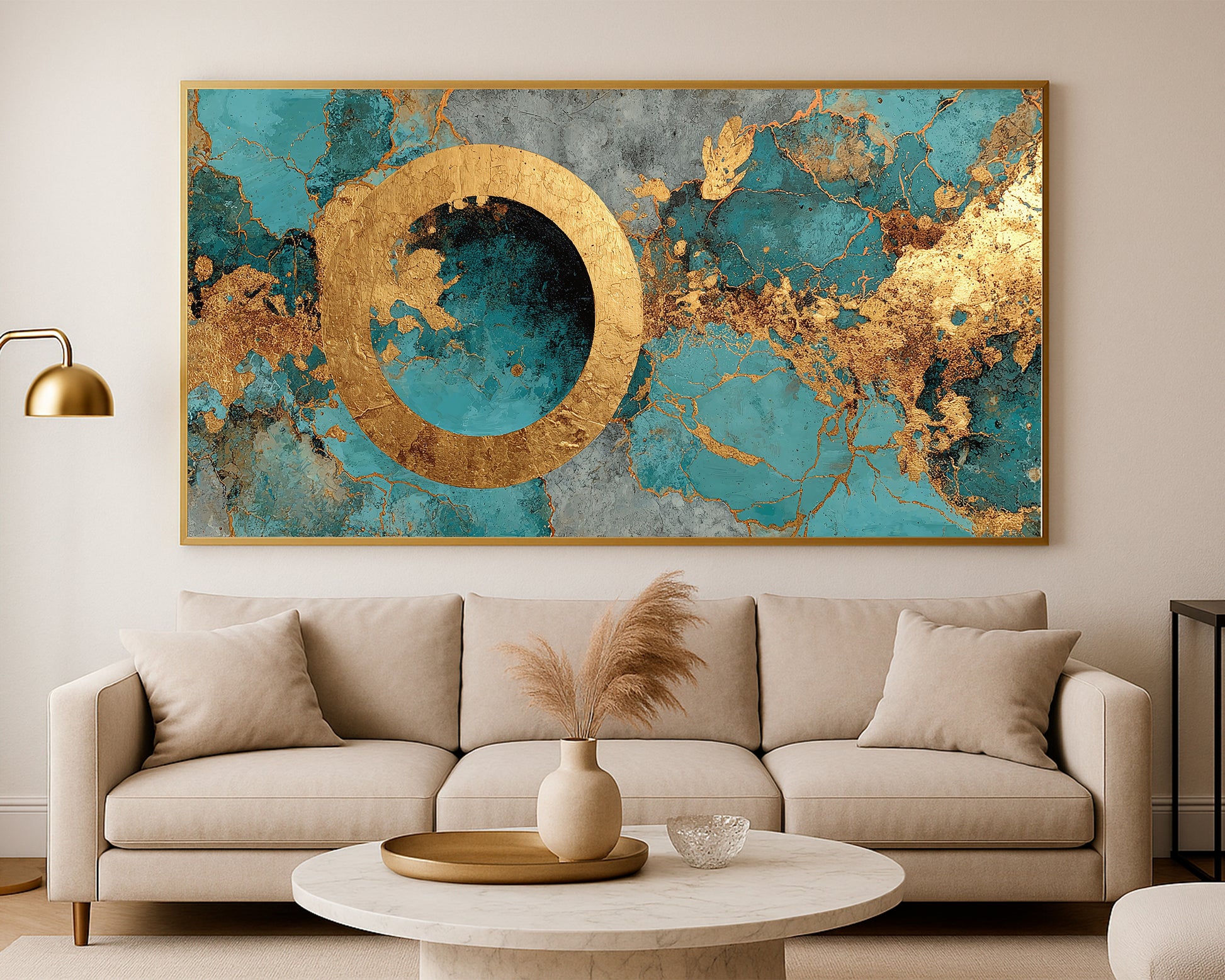 Panoramic abstract wall art with a central golden ring, deep blue circle, and elegant jewel-toned composition