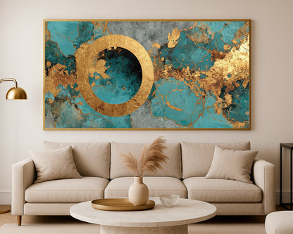Panoramic abstract wall art with a central golden ring, deep blue circle, and elegant jewel-toned composition