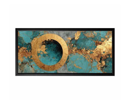 Blue gold circle panorama wall art with a bold central gold ring framing a deep blue circular form