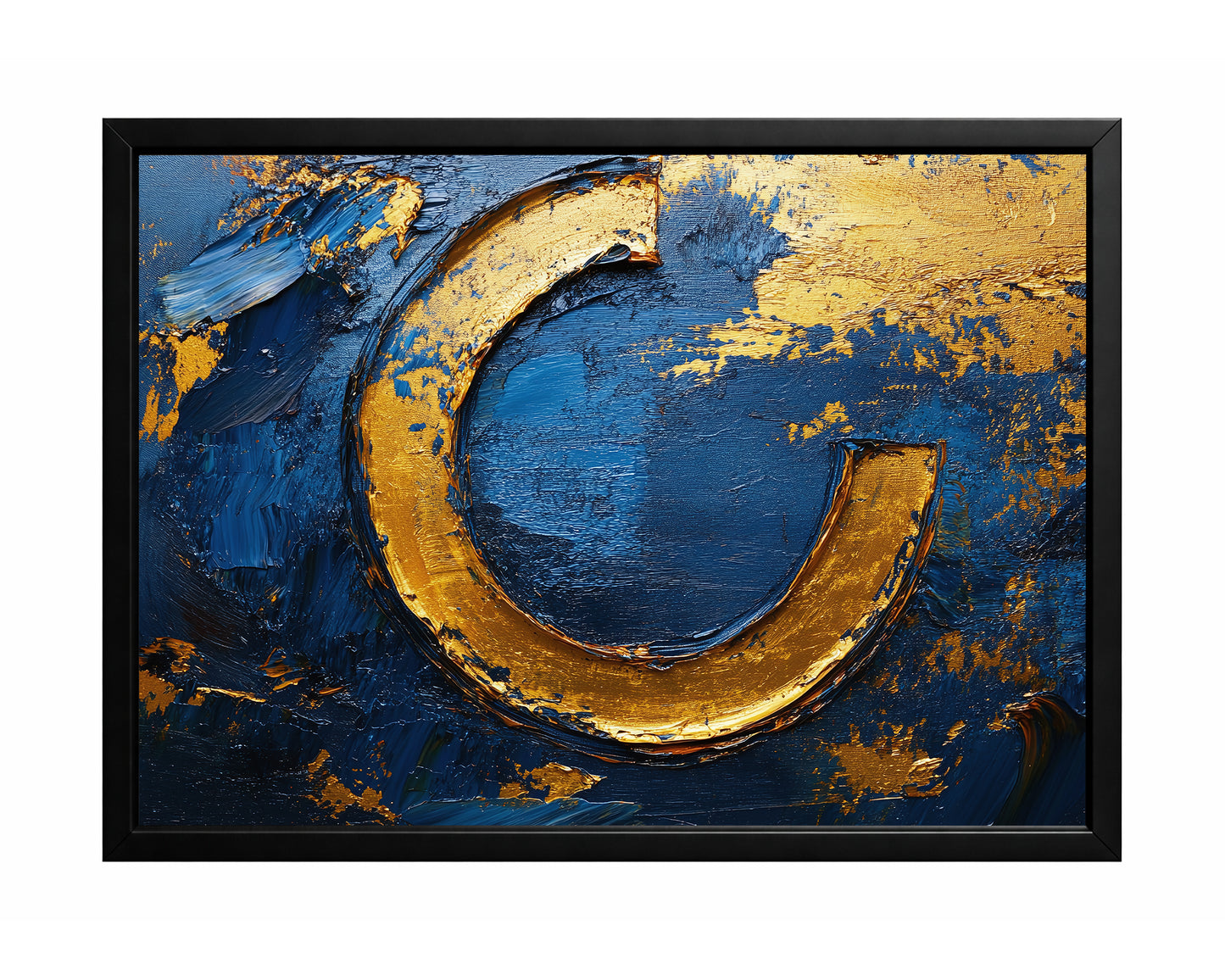 Blue gold abstract wall art with sweeping metallic-style curved forms over a deep textured navy background