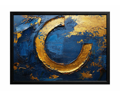 Blue gold abstract wall art with sweeping metallic-style curved forms over a deep textured navy background