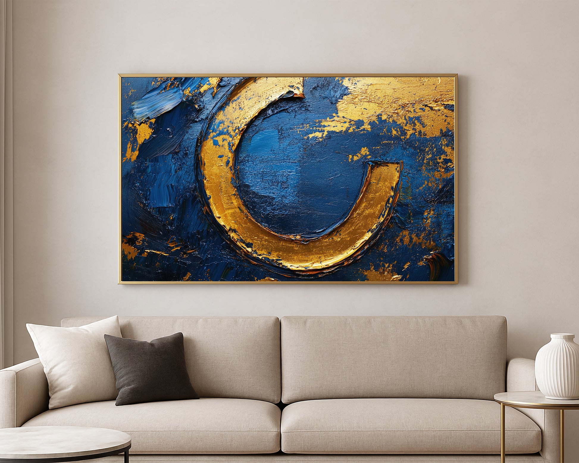 Textured abstract artwork featuring bold gold shapes and rich layered blue brushstrokes