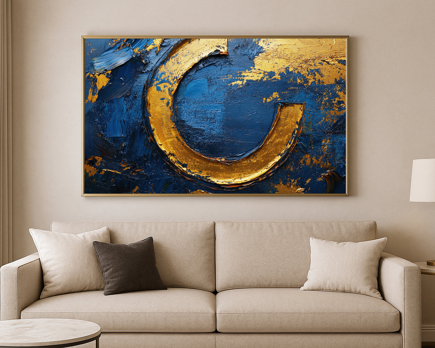 Modern abstract wall art in navy and gold with heavy painterly texture and dramatic contrast
