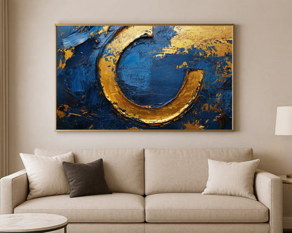 Modern abstract wall art in navy and gold with heavy painterly texture and dramatic contrast