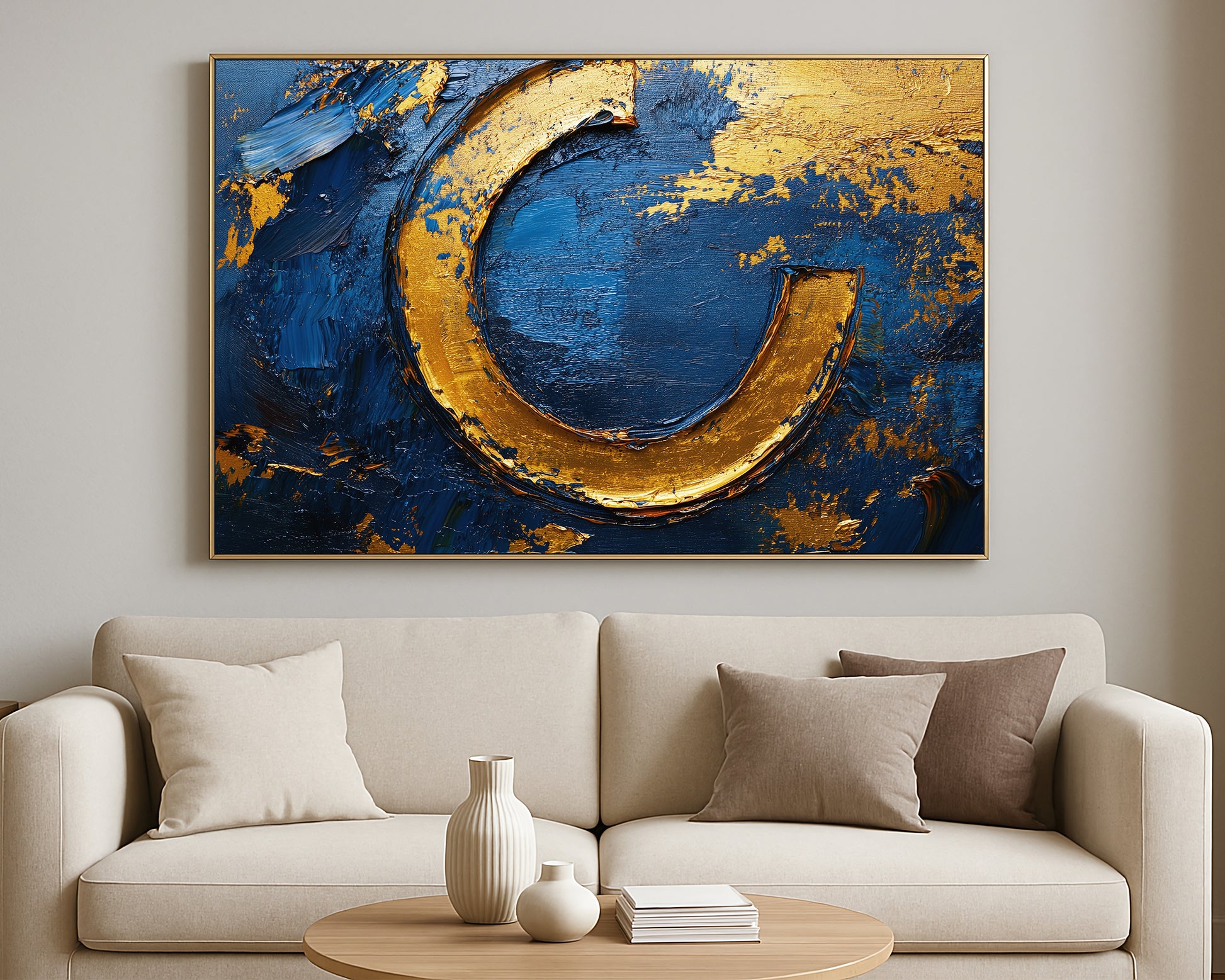 Contemporary statement artwork with curved gold accents on a deep blue expressive painted surface