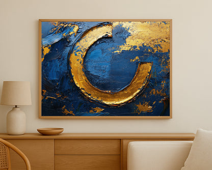 Luxury-inspired abstract wall decor with bold blue tones, gold texture, and dynamic modern composition