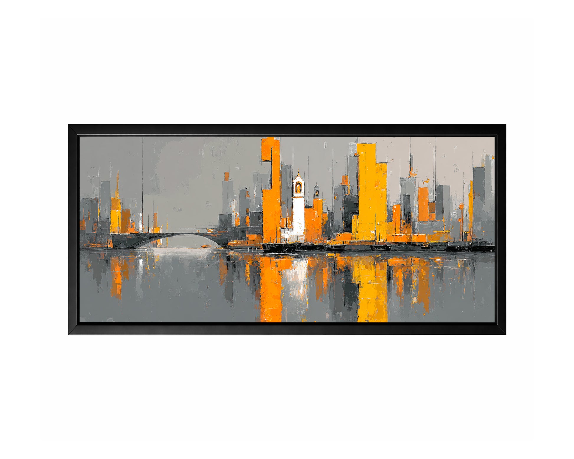 Panoramic modern cityscape wall art featuring a gray skyline with bold orange buildings, a bridge, and reflective water below