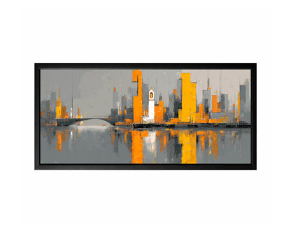 Panoramic modern cityscape wall art featuring a gray skyline with bold orange buildings, a bridge, and reflective water below