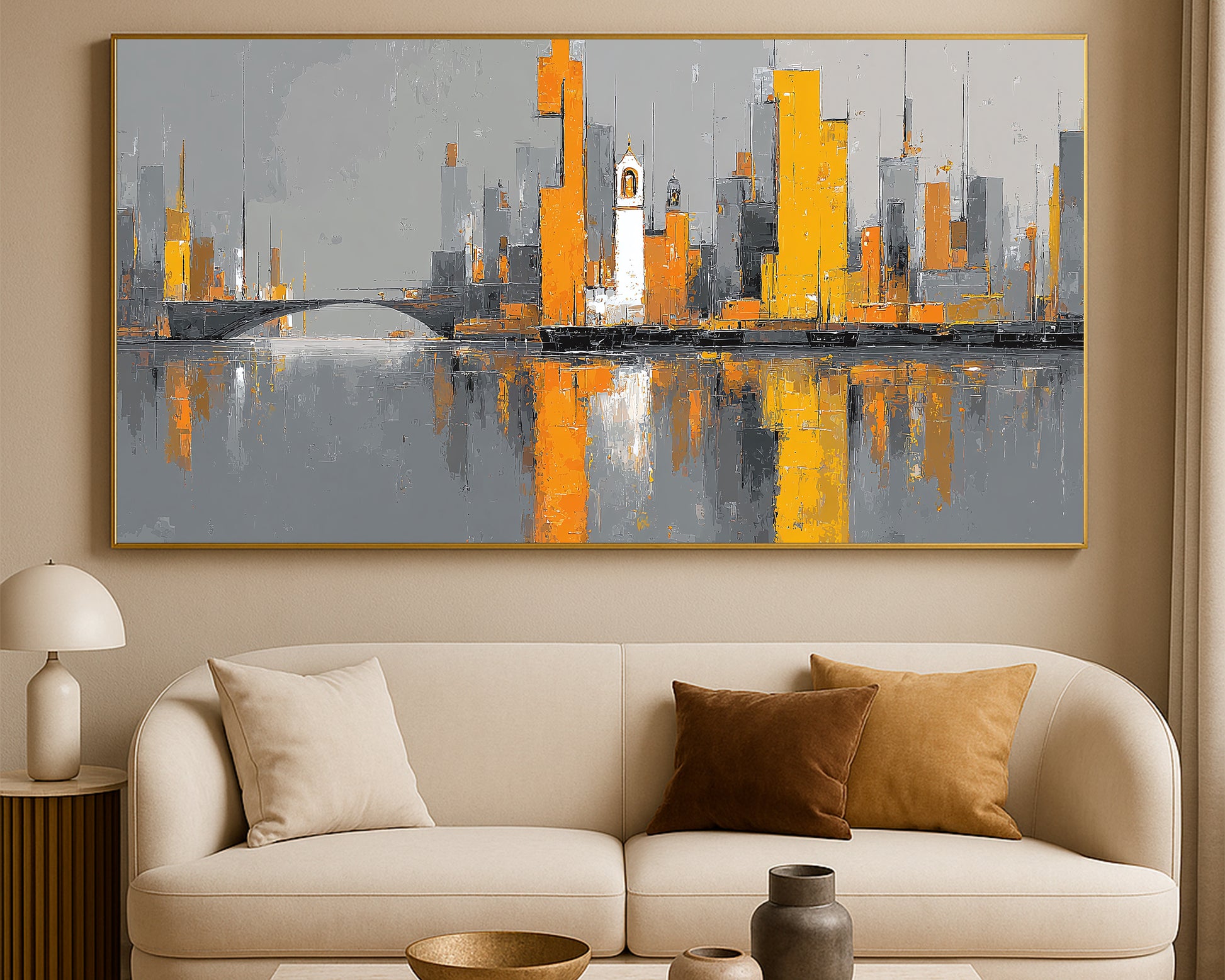 Abstract urban panorama showing tall orange and gray city towers mirrored across a calm waterfront in a contemporary composition