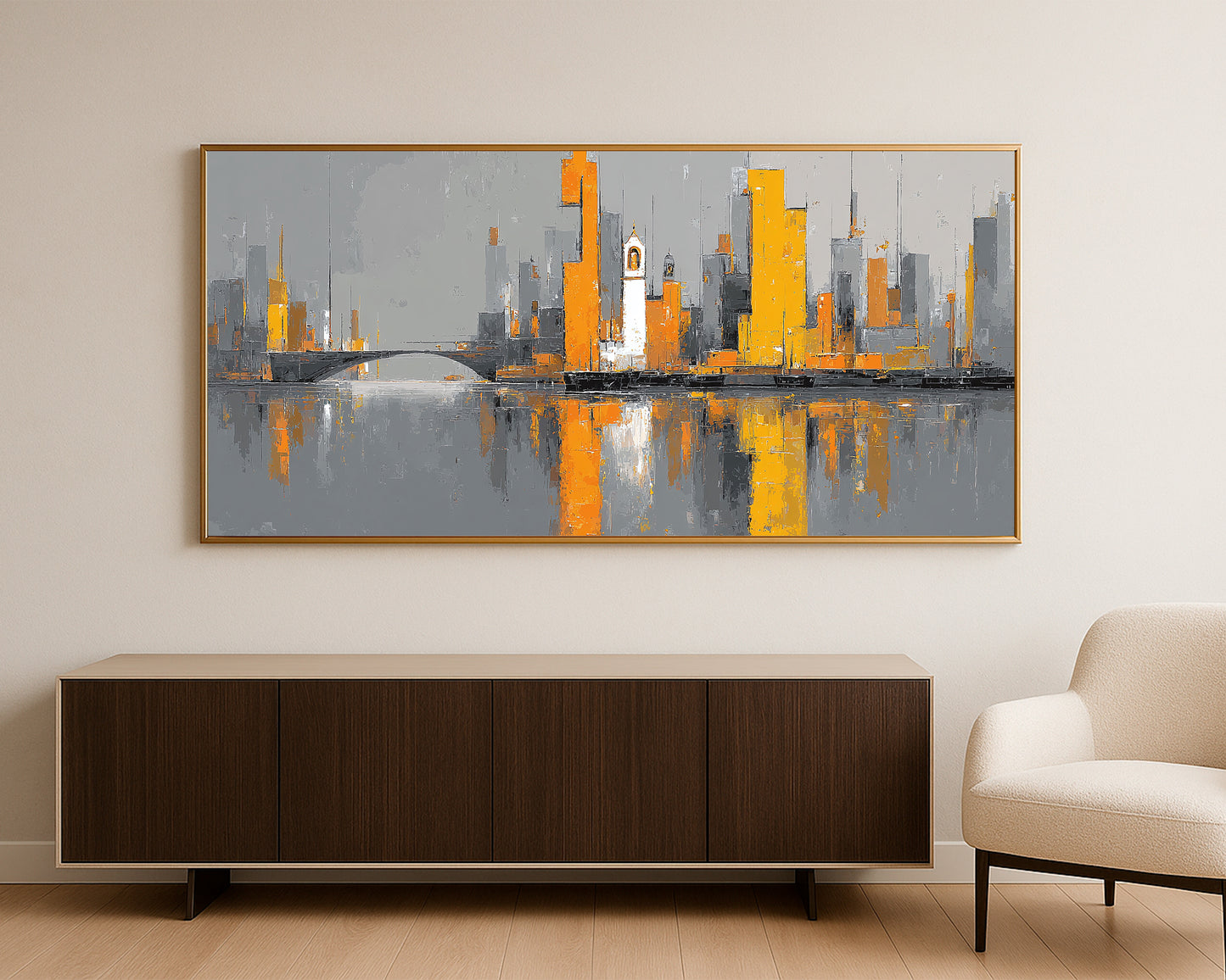 Wide city skyline artwork with geometric architectural forms, vivid orange accents, and soft reflections in gray-toned water