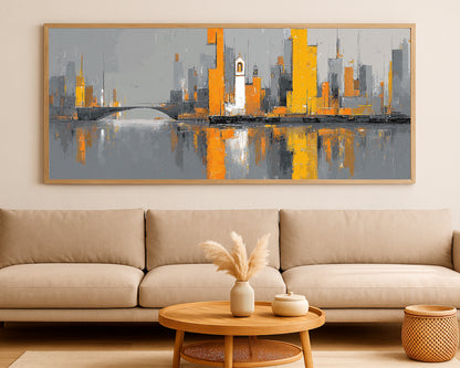 Modern urban wall decor featuring a panoramic skyline, bridge structure, and bright orange buildings against a muted gray background