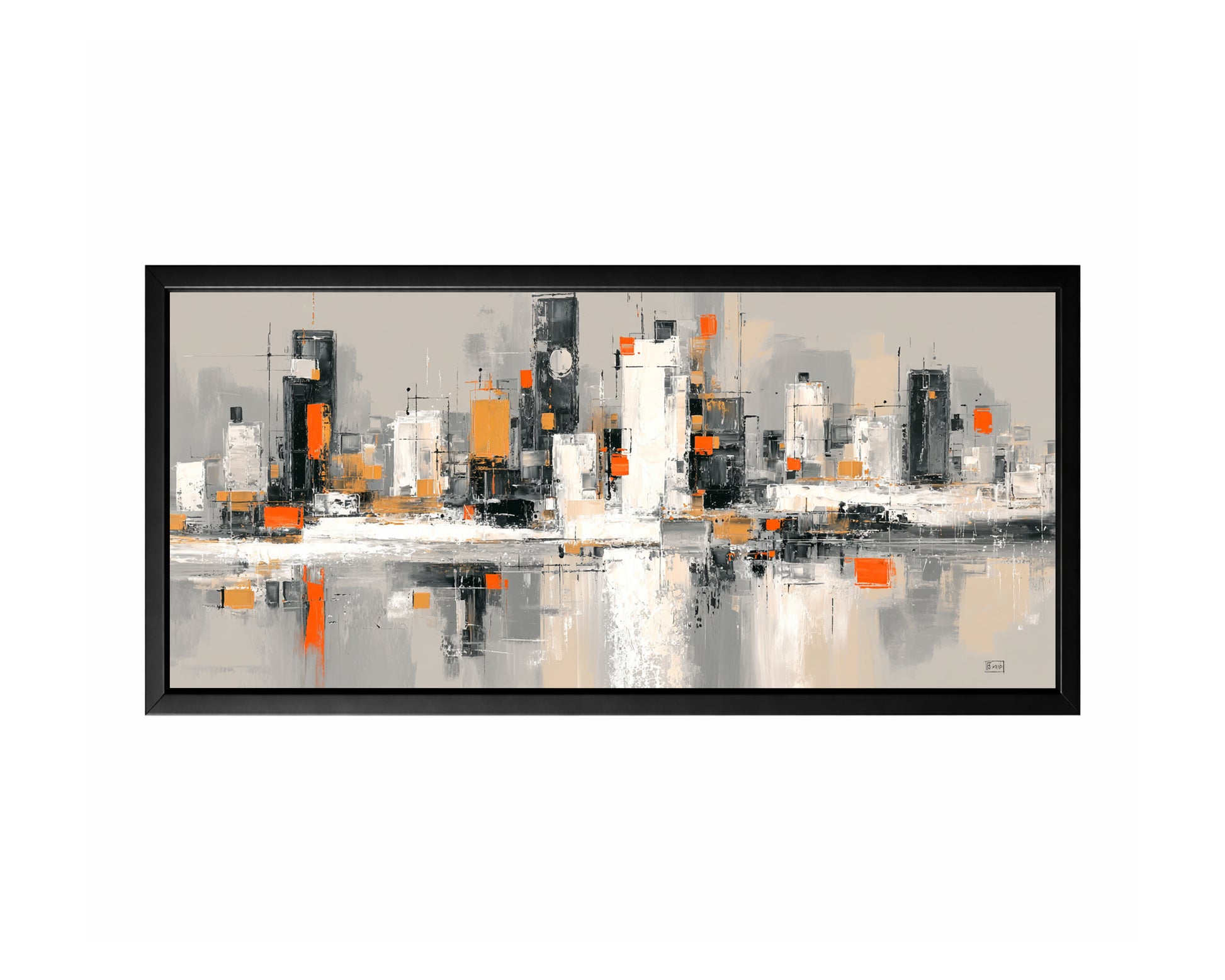Panoramic modern cityscape wall art featuring a monochrome skyline with white, gray, black, and orange accents reflected in water