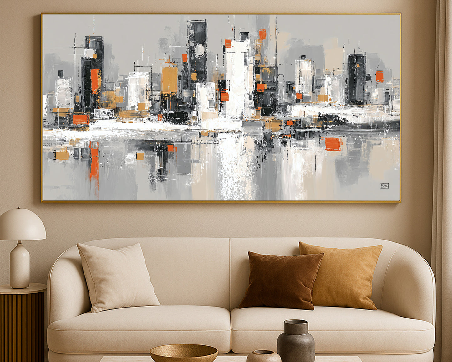 Abstract urban panorama with tall geometric buildings, soft neutral tones, and small orange highlights across a wide city composition
