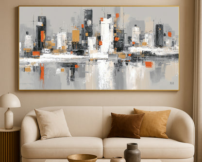 Abstract urban panorama with tall geometric buildings, soft neutral tones, and small orange highlights across a wide city composition