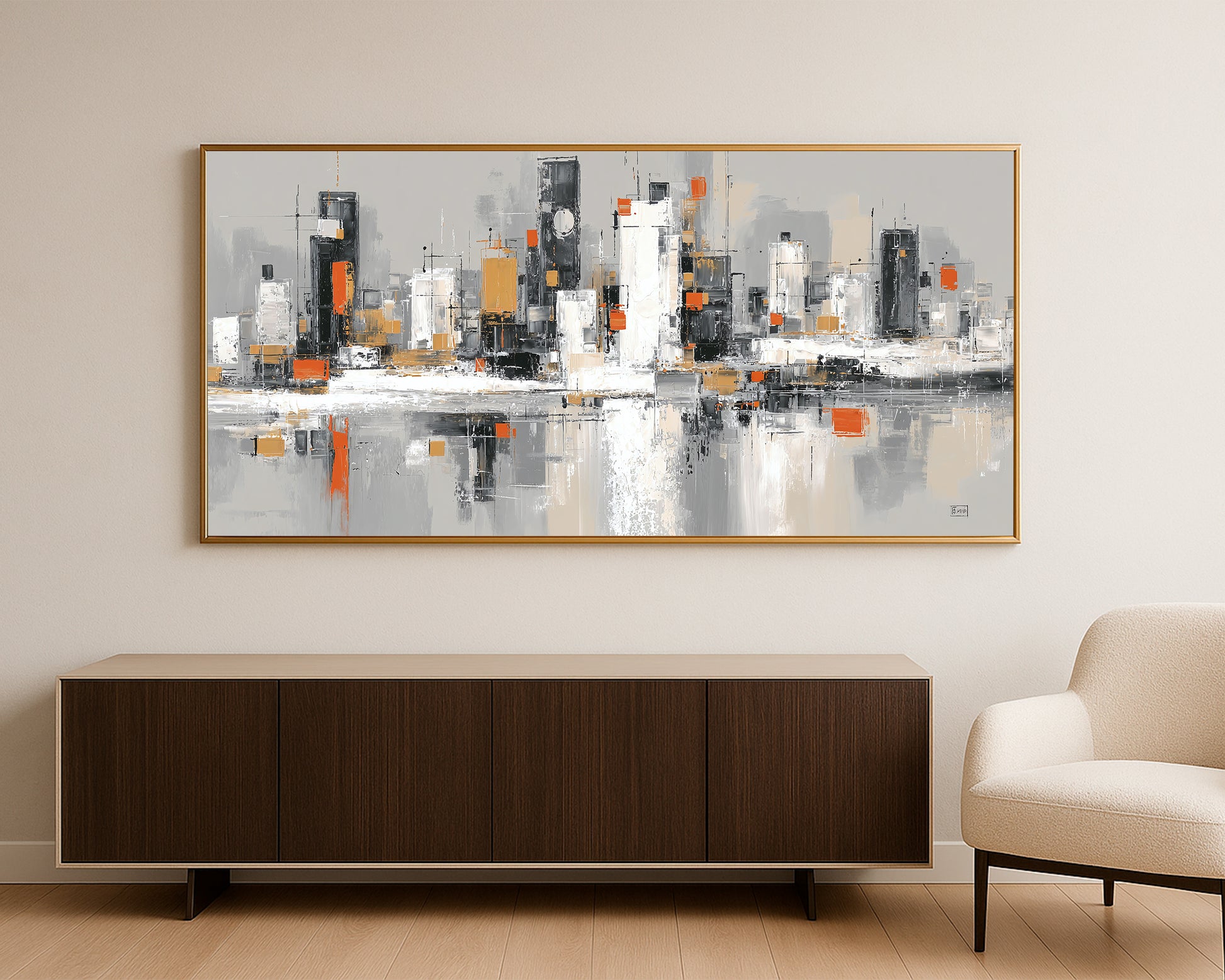 Contemporary skyline artwork showing layered black, white, and gray towers with reflective water and subtle orange architectural details