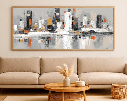 Wide cityscape wall decor with a minimalist skyline, muted neutral palette, and bold orange accents mirrored below