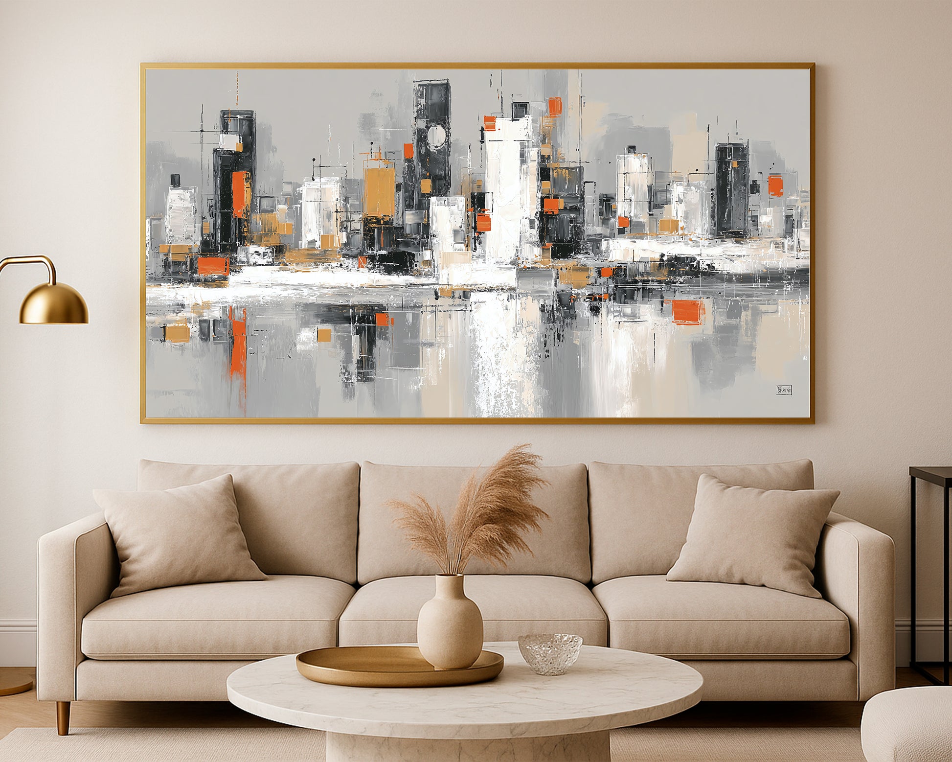 Statement panoramic city print featuring abstract modern buildings, reflective water, and a clean monochrome palette with orange highlights