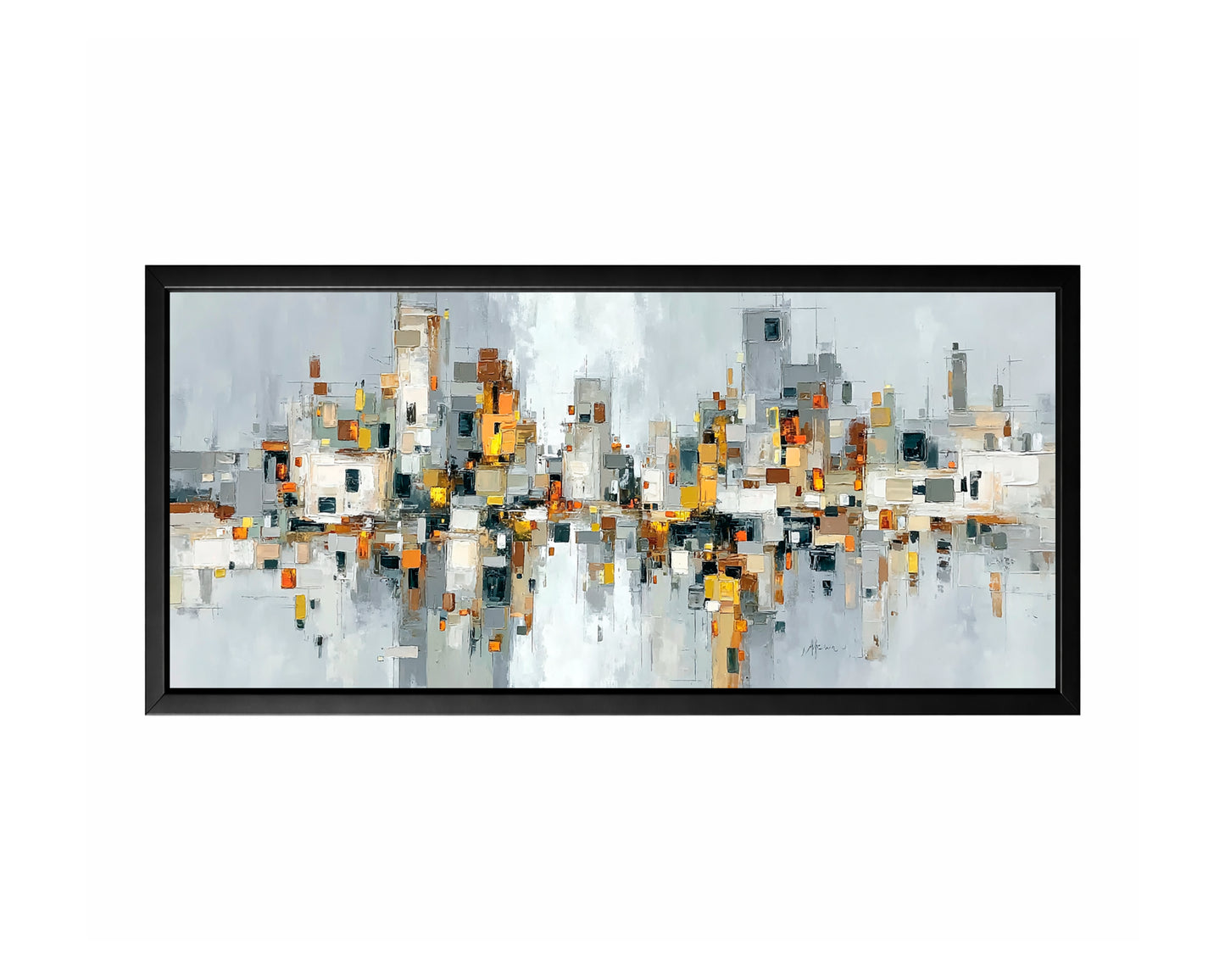 Panoramic abstract cityscape wall art featuring layered neutral blocks in gray, white, beige, and ochre reflected across calm water