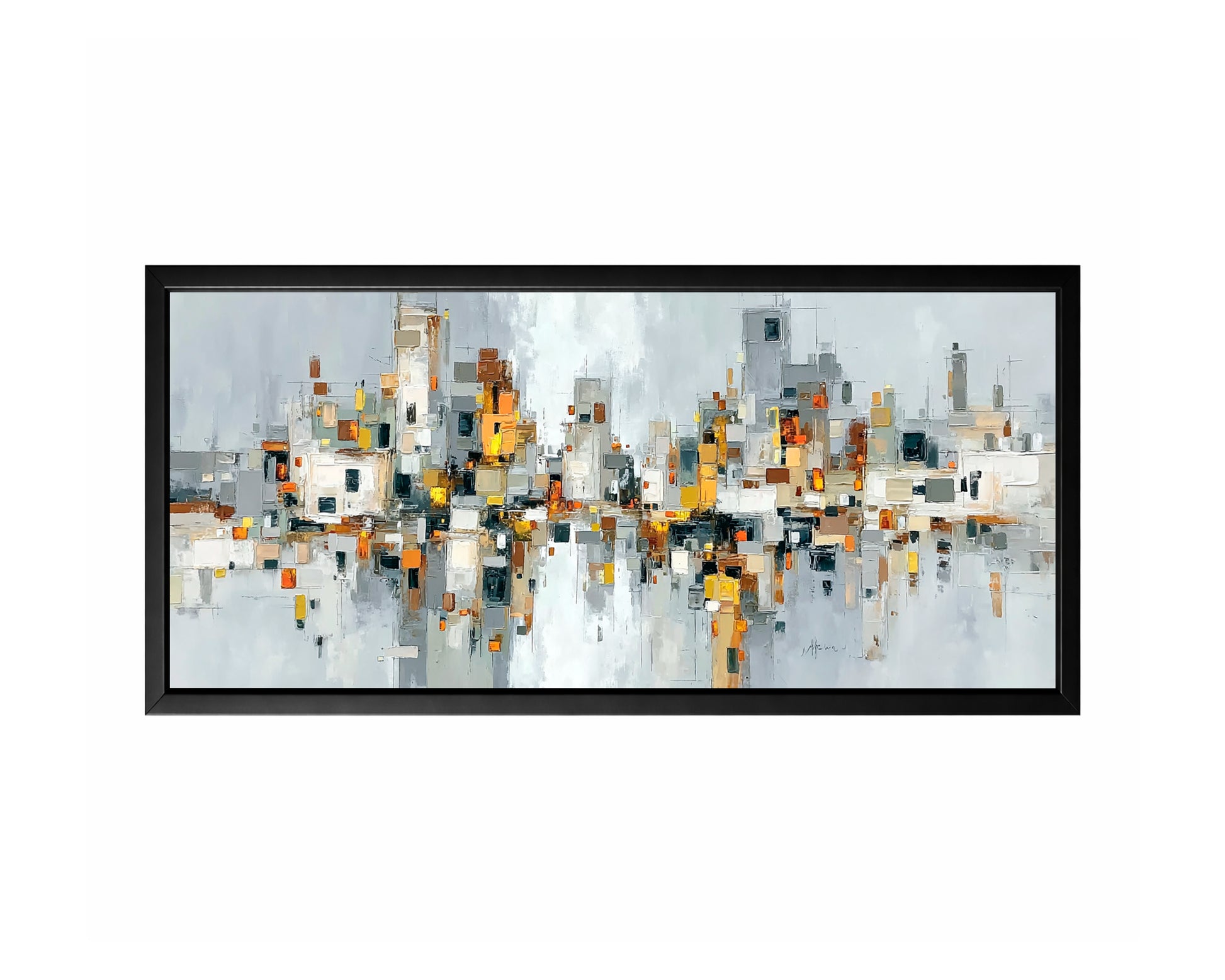 Panoramic abstract cityscape wall art featuring layered neutral blocks in gray, white, beige, and ochre reflected across calm water