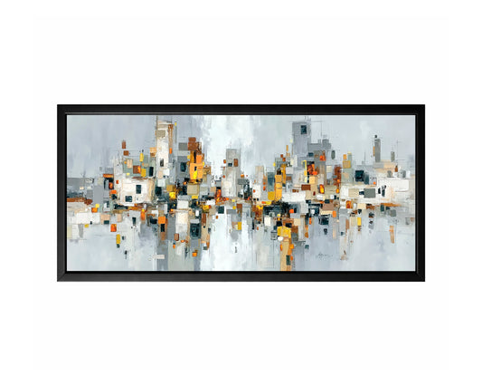 Panoramic abstract cityscape wall art featuring layered neutral blocks in gray, white, beige, and ochre reflected across calm water