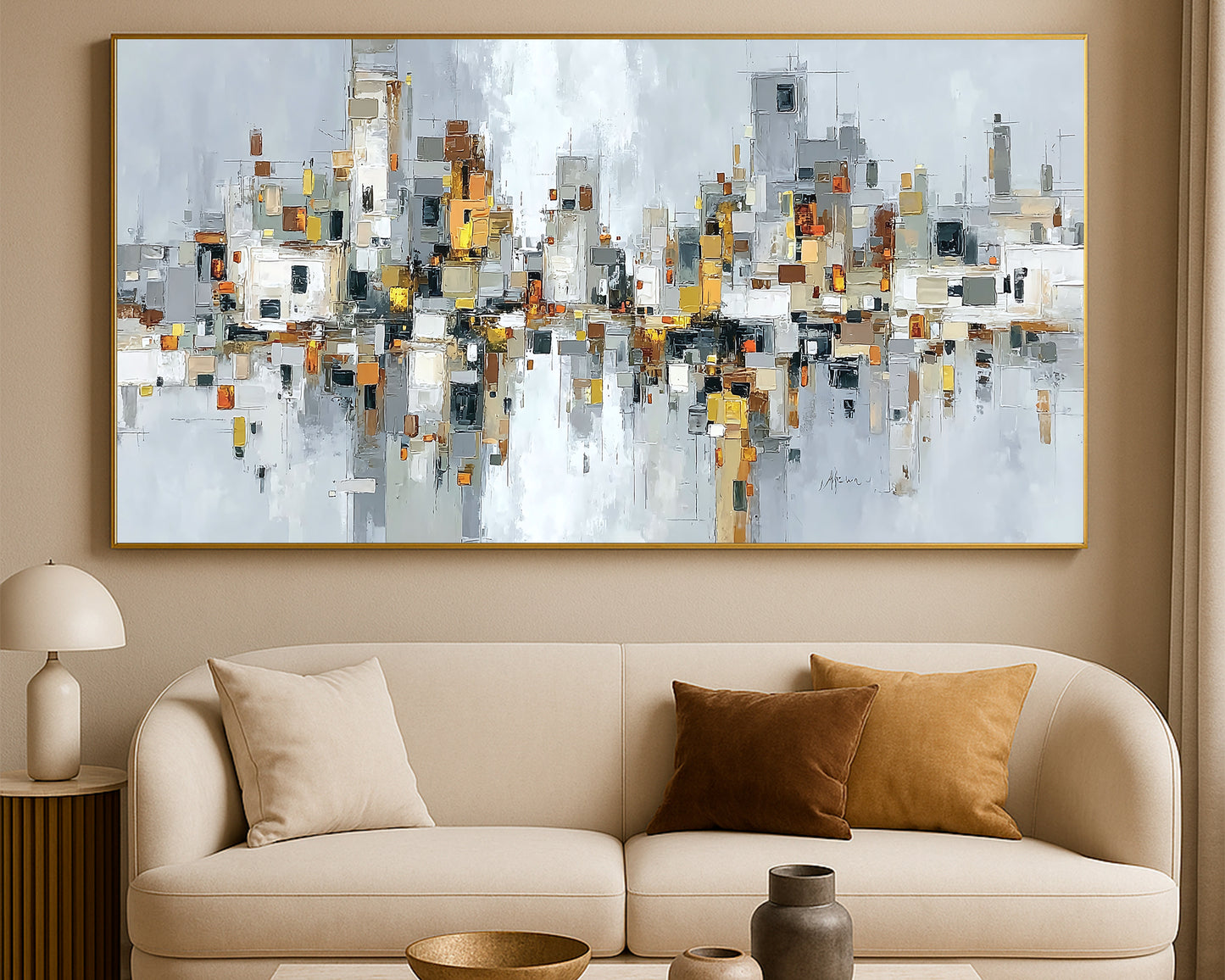 Modern skyline panorama with geometric city forms, soft gray and cream tones, and subtle warm accents mirrored below
