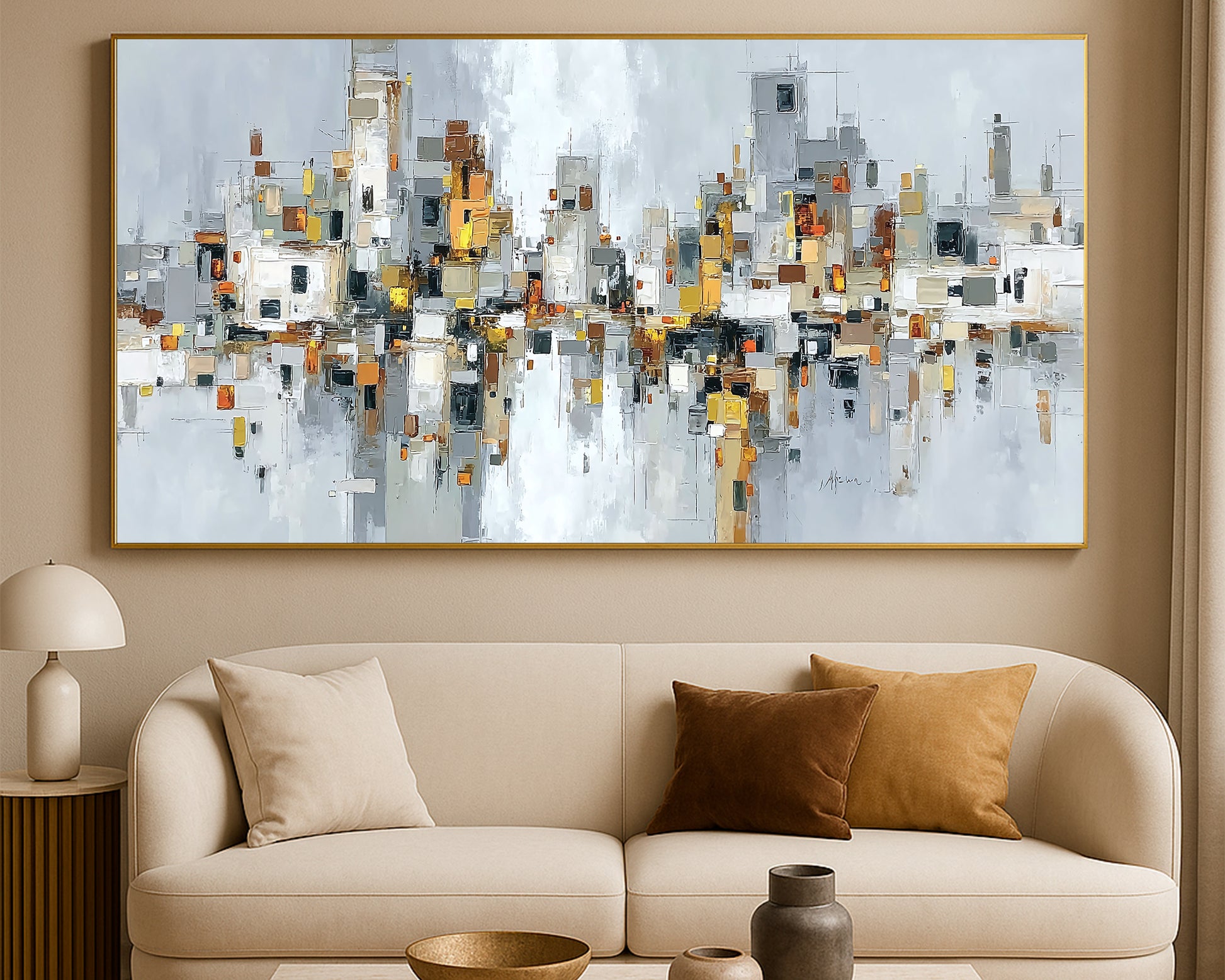 Modern skyline panorama with geometric city forms, soft gray and cream tones, and subtle warm accents mirrored below