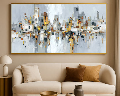Modern skyline panorama with geometric city forms, soft gray and cream tones, and subtle warm accents mirrored below