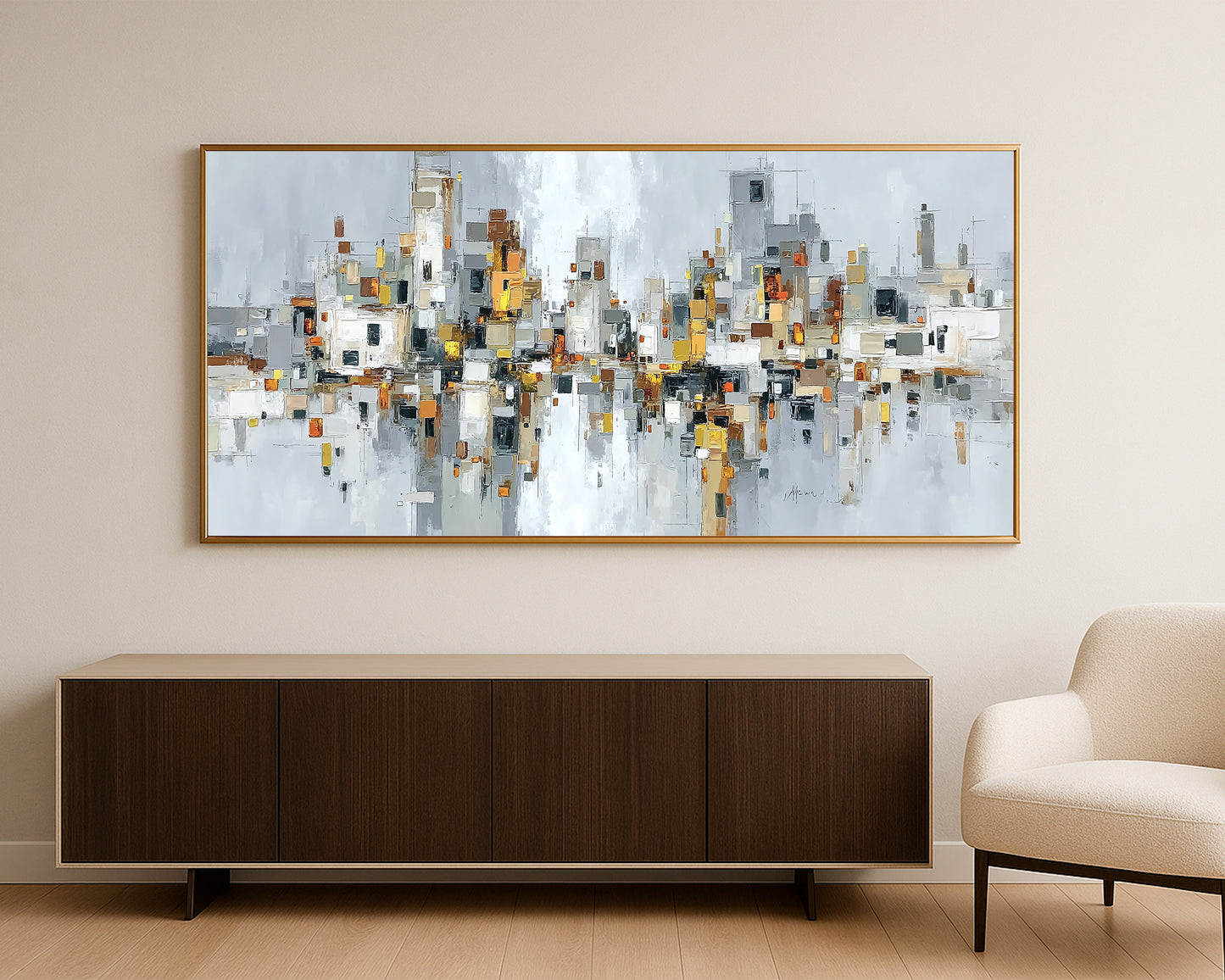 Wide abstract urban artwork showing a neutral city skyline made of stacked rectangles and delicate reflection effects