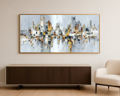 Wide abstract urban artwork showing a neutral city skyline made of stacked rectangles and delicate reflection effects