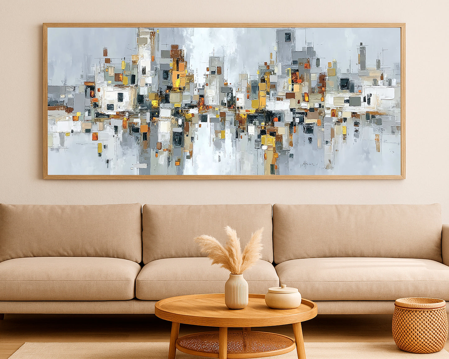 Contemporary cityscape wall decor with soft architectural shapes, muted gold and gray accents, and a calm mirrored composition