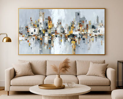 Minimalist panoramic city print featuring a geometric skyline in light neutral tones with abstract reflections and modern urban balance