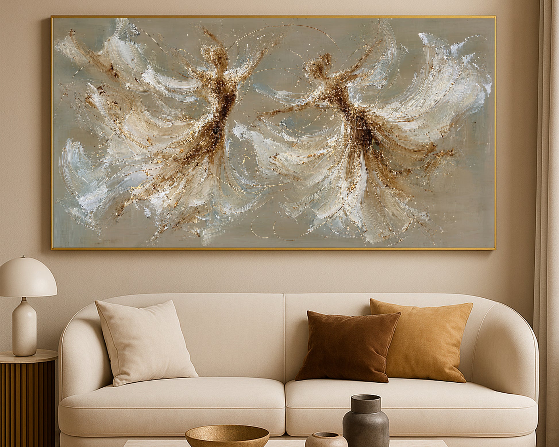 Wide fine art print showing two expressive dancer figures with airy white movement and warm gold textured details.