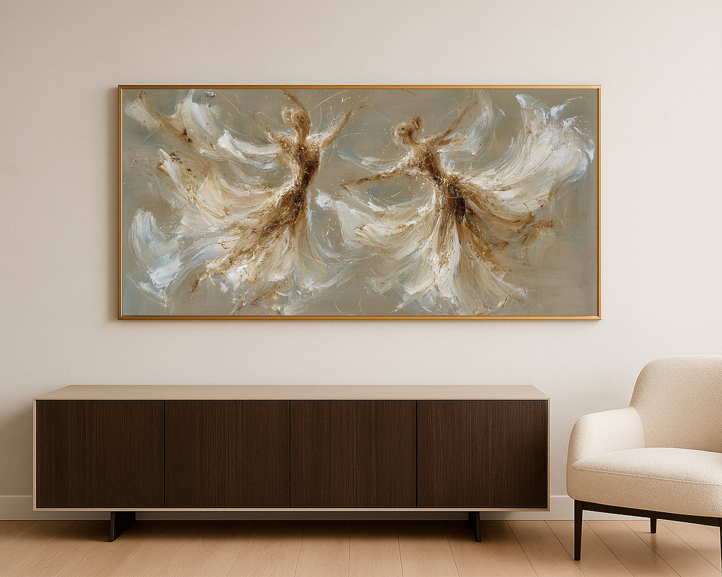 Abstract figure artwork with flowing dress-like forms, ivory brushwork, taupe tones, and delicate gold highlights.