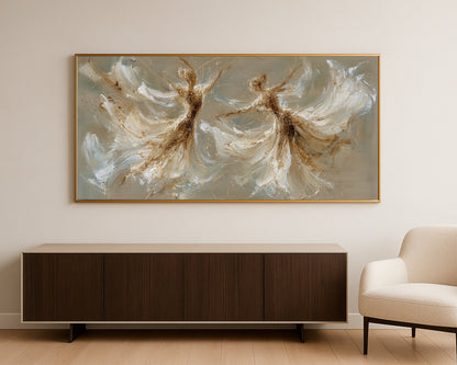 Abstract figure artwork with flowing dress-like forms, ivory brushwork, taupe tones, and delicate gold highlights.
