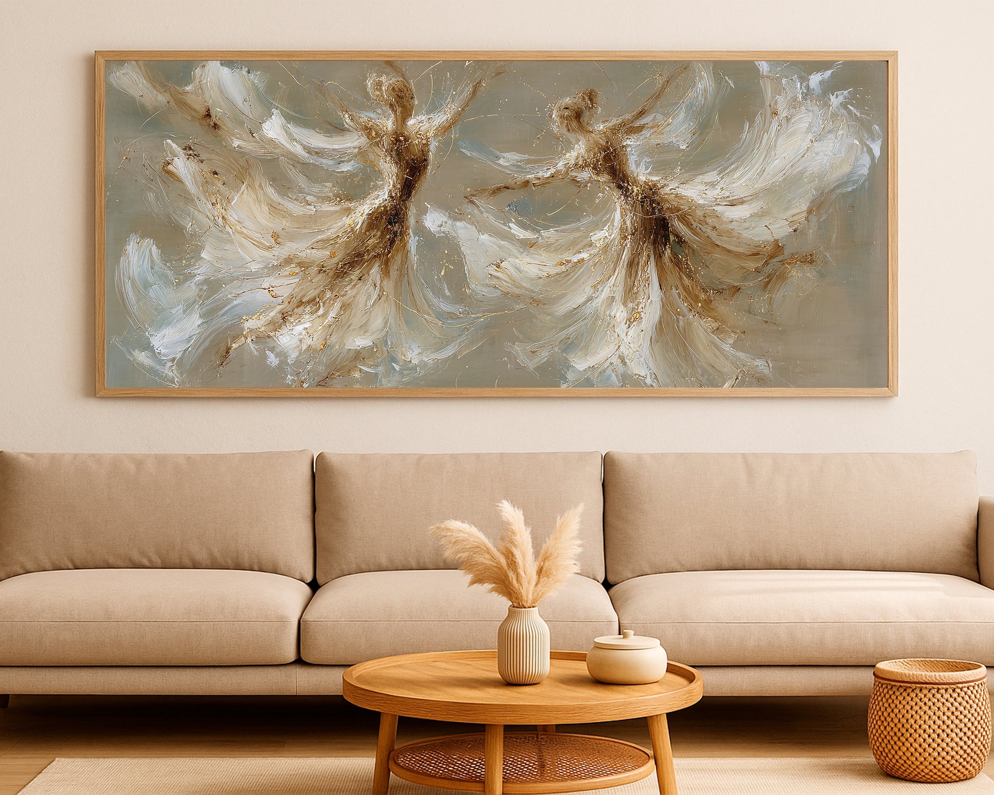Elegant panoramic wall art featuring two dancer silhouettes in soft neutral colors with painterly motion.