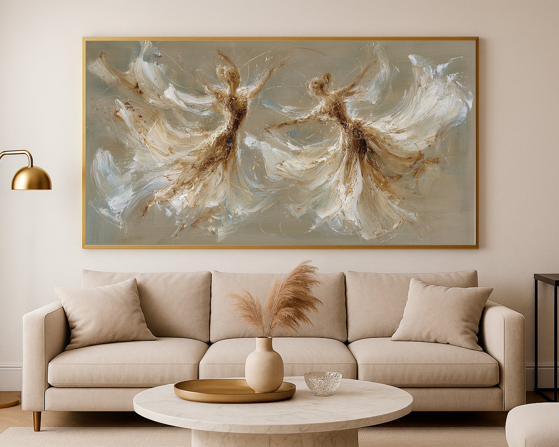 Refined figure wall art with sweeping white shapes, warm taupe shadows, and subtle gold movement across the composition.
